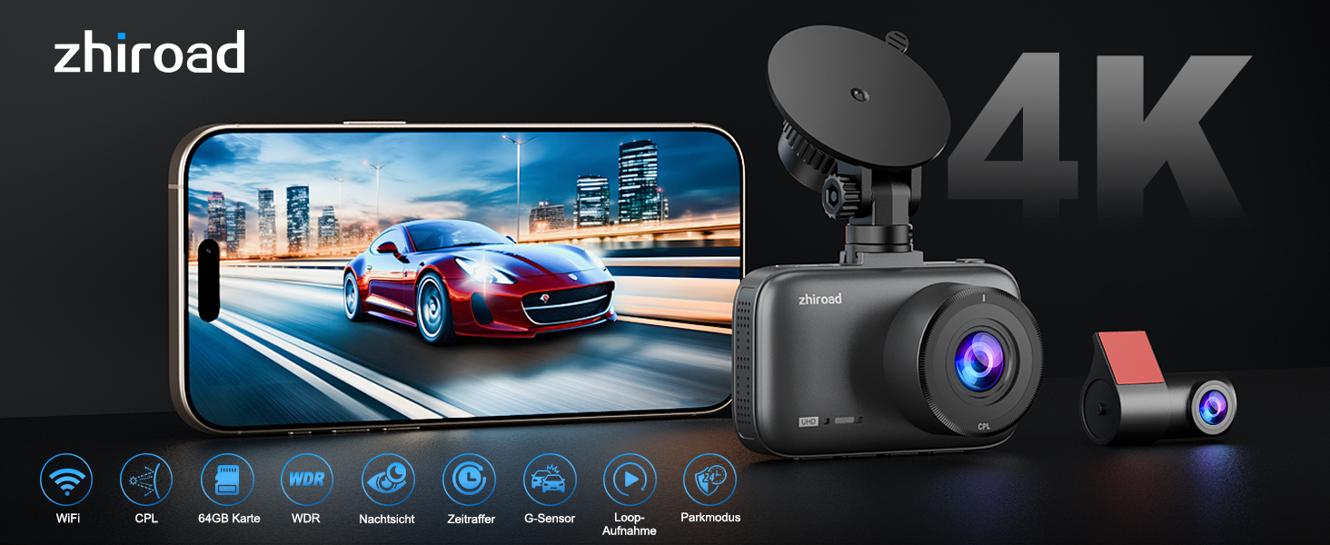 Відеореєстратор Dashcam 4K Dual з CPL фільтром, WiFi, 64GB SD, IPS 3