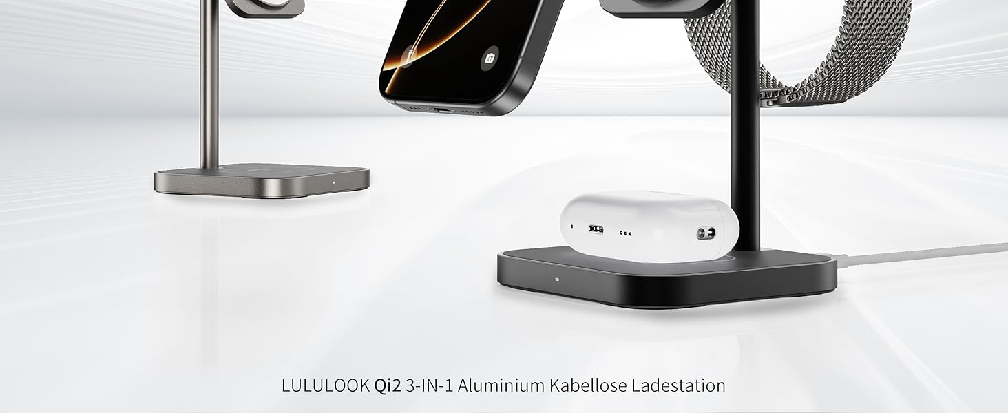 LULULOOK Qi2 Magsafe Зарядна станція 3 в 1 з алюмінію для Apple Watch та iPhone: 15W швидка зарядка для iPhone 17 Pro Max/Pro/Air/17, 5W для Apple Watch Ultra, AirPods. Титан.