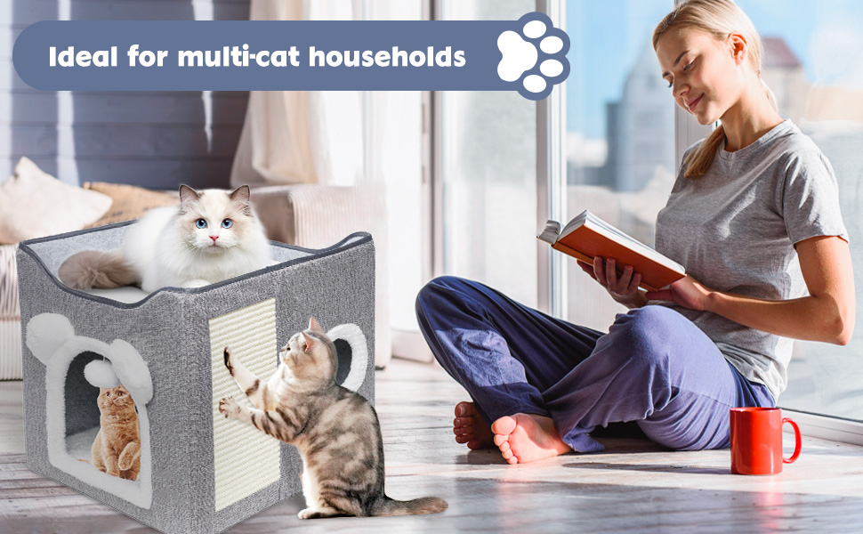 Складане будиночок для котів, великий, з когтеточкою та плюшевою кулькою (сірий)