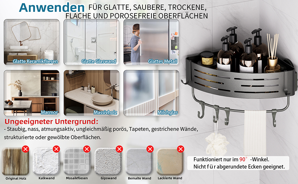 Двомісне куткове поличок для душу без свердління з присосками, водонепроникний органайзер для ванної кімнати, з тримачем для рушників, для шампуню та гелю для душу, чорний матовий (1 шт. сірий кутовий поличок для душу)