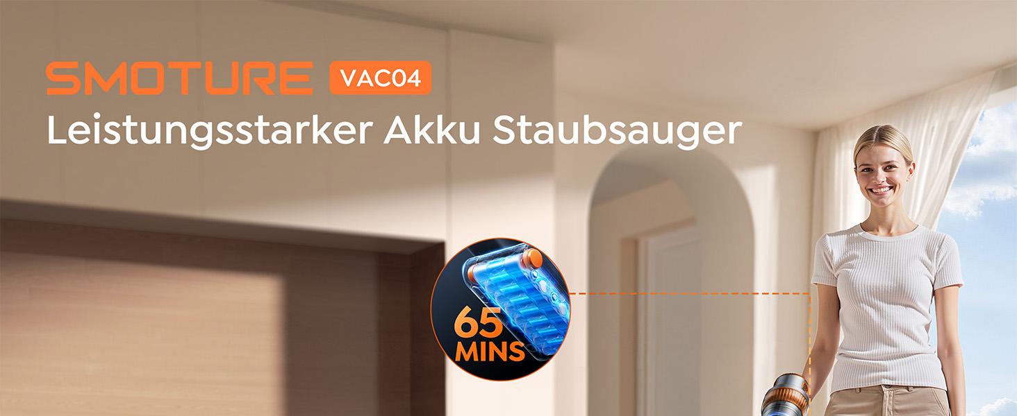 SMOTURE VAC04 Бездротовий акумуляторний пилосос, 50000 Па потужність всмоктування, 65 хвилин роботи, самостійна підставка, гнучкий шланг, щітка Anti-Tangle, док-станція для зарядки, для шерсті тварин, килимів та твердих поверхонь