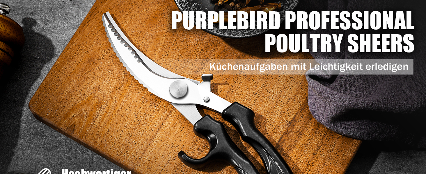 Кухонні ножиці PURPLE BIRD для птиці, м'яса та кісток, професійні, з нержавіючої сталі, з блокуванням та пружинним механізмом, 103° кут різання, з неслизькою ручкою