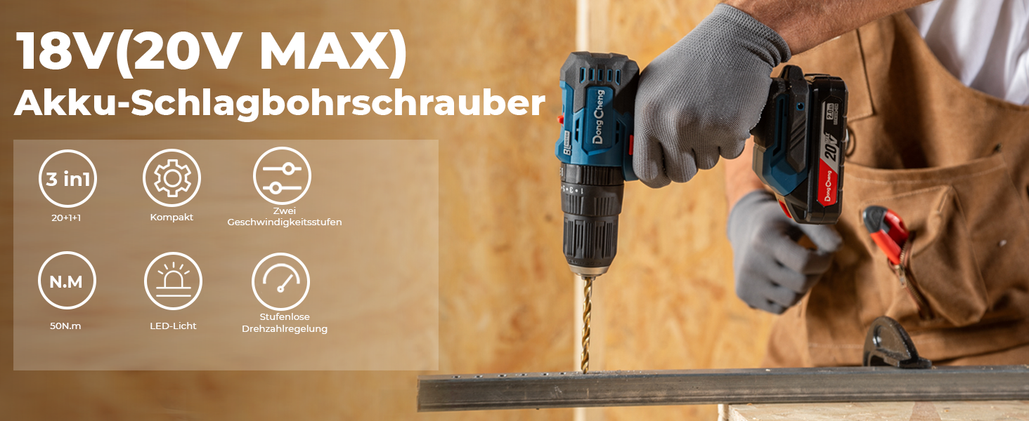 Акумуляторний ударний дриль-шуруповерт DongCheng 18V 50Nm, безщітковий, комплект 19 шт.