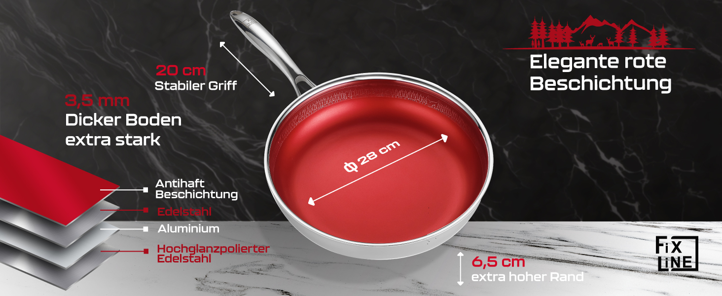 FIXLINE Black Forest Non-Stick Fry Pan - 28cm - RED Design - PTFE-Free - Compatible with All Cooktops (Including Induction) - Oven Safe up to 250°C - Easy to Clean - Ideal Gift
