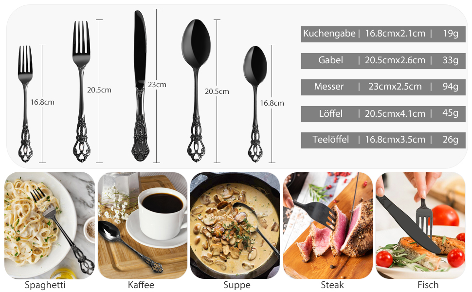 Набір столових приборів 20 предметів, чорний, нержавіюча сталь, Vintage Palast - для 4 осіб, полірований, для посудомийної машини
