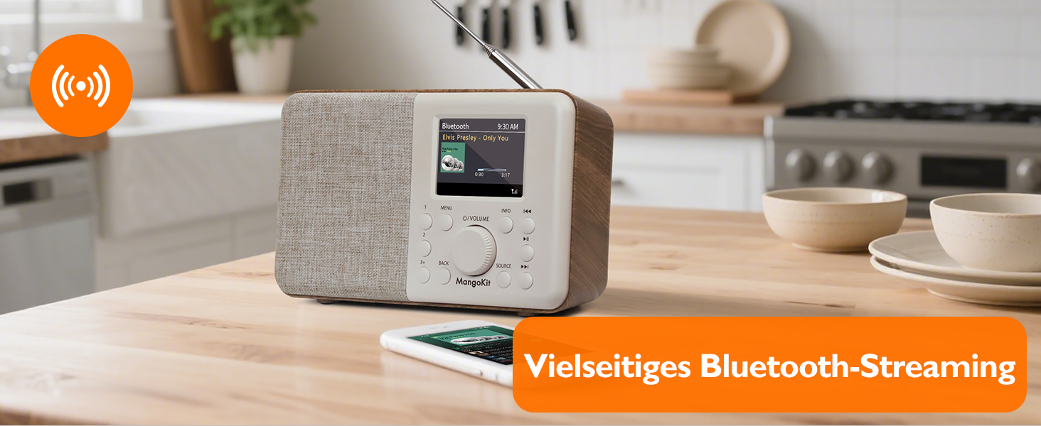 Портативне цифрове радіо MD3 DAB/DAB+/FM з Bluetooth, динаміком та навушниками, 40 станцій, будильник, годинник, таймер, кольоровий дисплей, живлення від батарейок та мережі (корпус з ясеневого дерева)