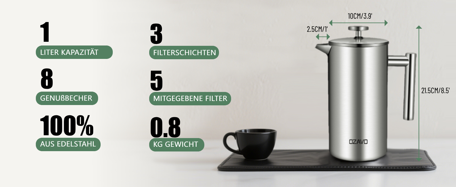 Френч-прес для кави 1L з нержавіючої сталі, термоізольований, з подвійними стінками та 5 фільтрами