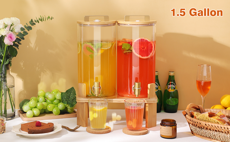 Набір з 2 диспенсери для напоїв на 6 літрів з дерев'яною підставкою, з герметичним клапаном та нержавіючим краном, для вечірок