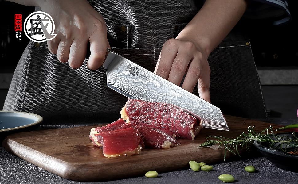 Ніж кухарський японський MITSUMOTO SAKARI Kiritsuke 18 см, сталь AUS-10 Damast, руків'ять Pakkawood, дерев'яна подарункова коробка