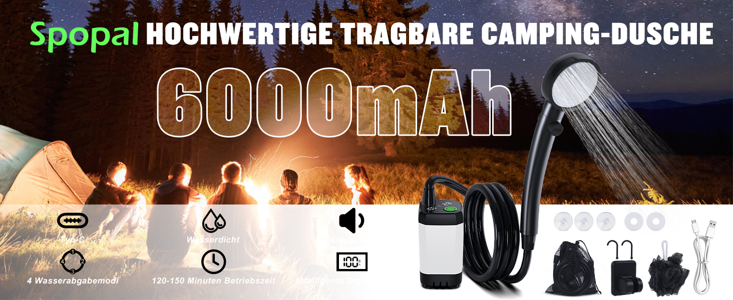 Портативна кемпінгова душ з акумулятором 6000mAh, з насосом та індикатором температури, набір для кемпінгу, відпочинку на природі, миття авто, пляжу, подорожей, для тварин, білий