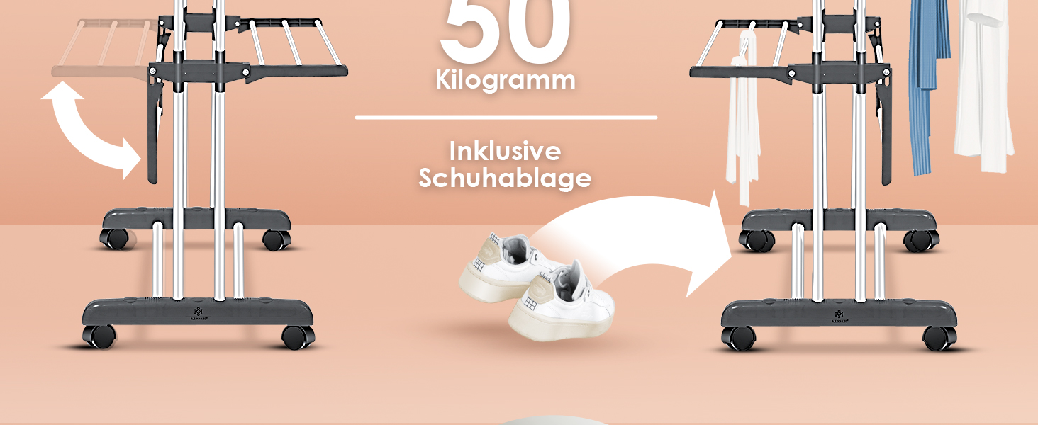 Кюссер® Сушилка для білизни з колесами - Турбо-модель, 4 яруси, 2 обертові крила, 6 склавних секцій, білий/антрацитовий