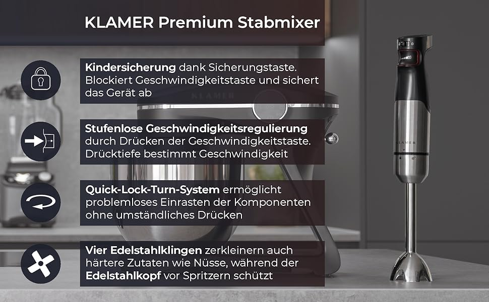 KLAMER Stabmixer 800W: 4-в-1 Пюрізатор з нержавіючої сталі з регулюванням швидкості та турбо-функцією (Classic Set)
