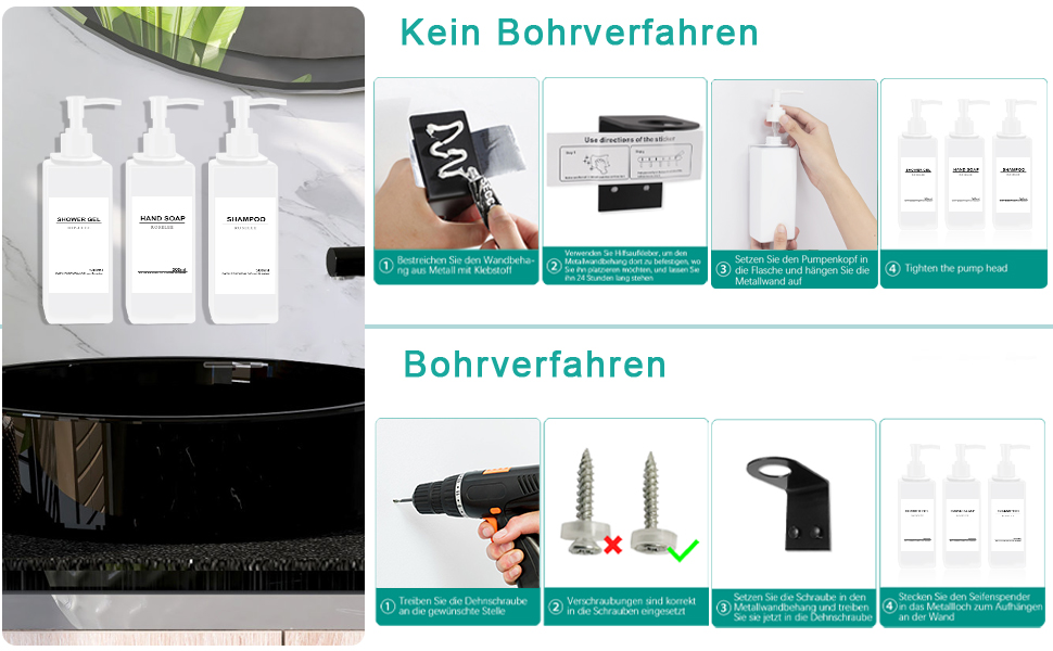 Набір з 3 дозатори для мила Roselee на стіну, без свердління, 500 мл. Дозатори для душу, шампуню та пінної ванни з етикетками для ванної кімнати та кухні (Білий)
