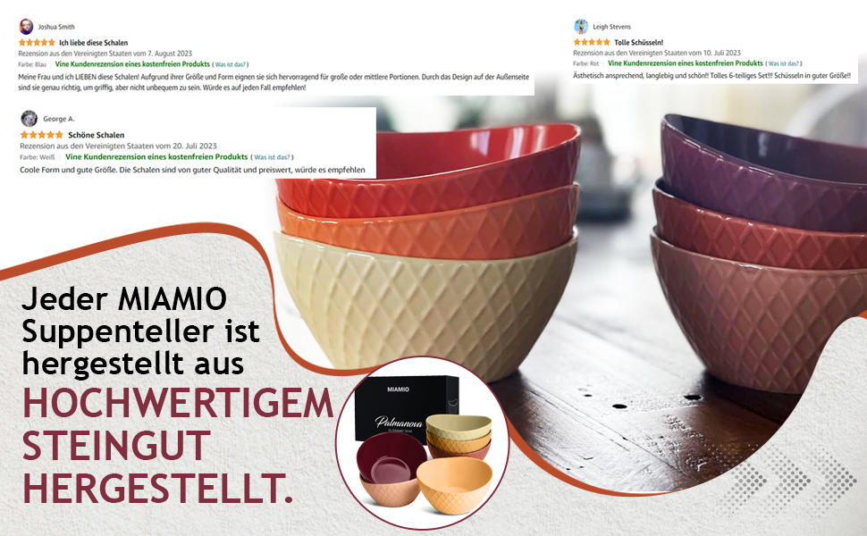 Набір мисок Miamio Palmanova (червоний) – 6 шт по 800 мл – сучасний дизайн, матова поверхня