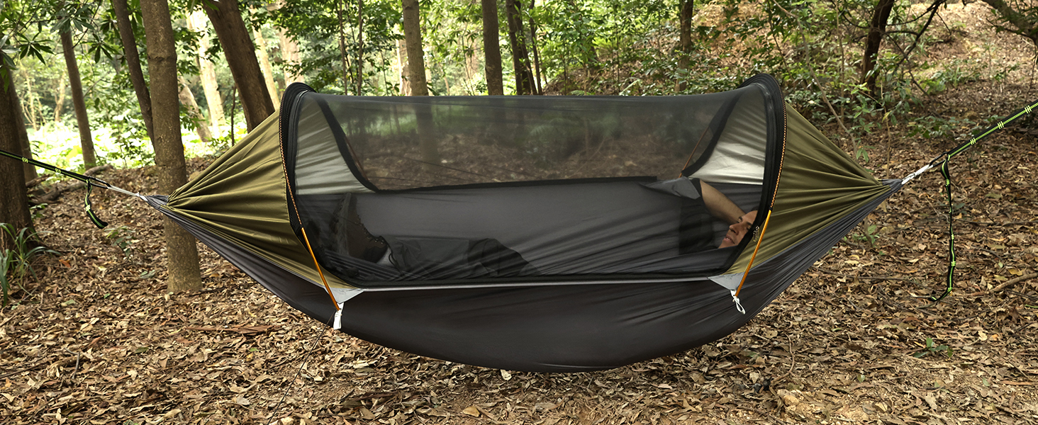 Гамак для кемпінгу 4-в-1 з москітною сіткою та знімним сонцезахистом, 290x140 см, армійний зелений