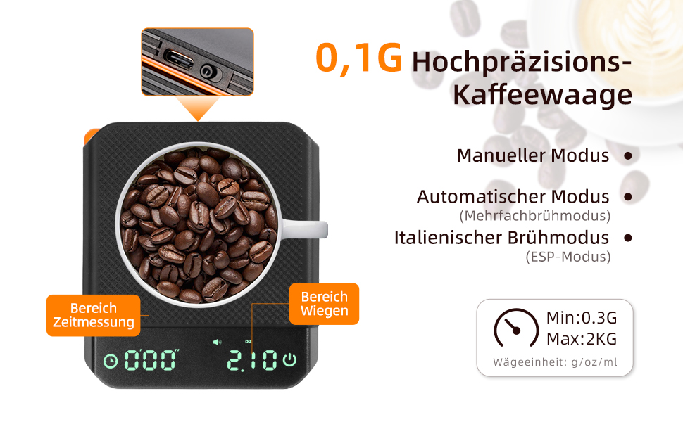 Кухонні ваги Carehabi з таймером, 0.1г, прецизійна вага для еспресо, 2 кг, з силіконовим підігрівачем, перезаряджувана
