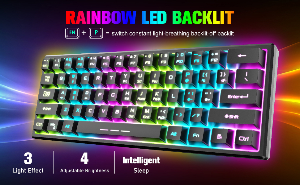 Kabellos Gaming Tastatur und Maus Combo Set: Бездротова ігрова клавіатура та миша, 2.4 GHz, 3800 mAh, тиха, 61 клавіша, компактна, Rainbow LED підсвічування, 2400 DPI, 6 кнопок, чорний