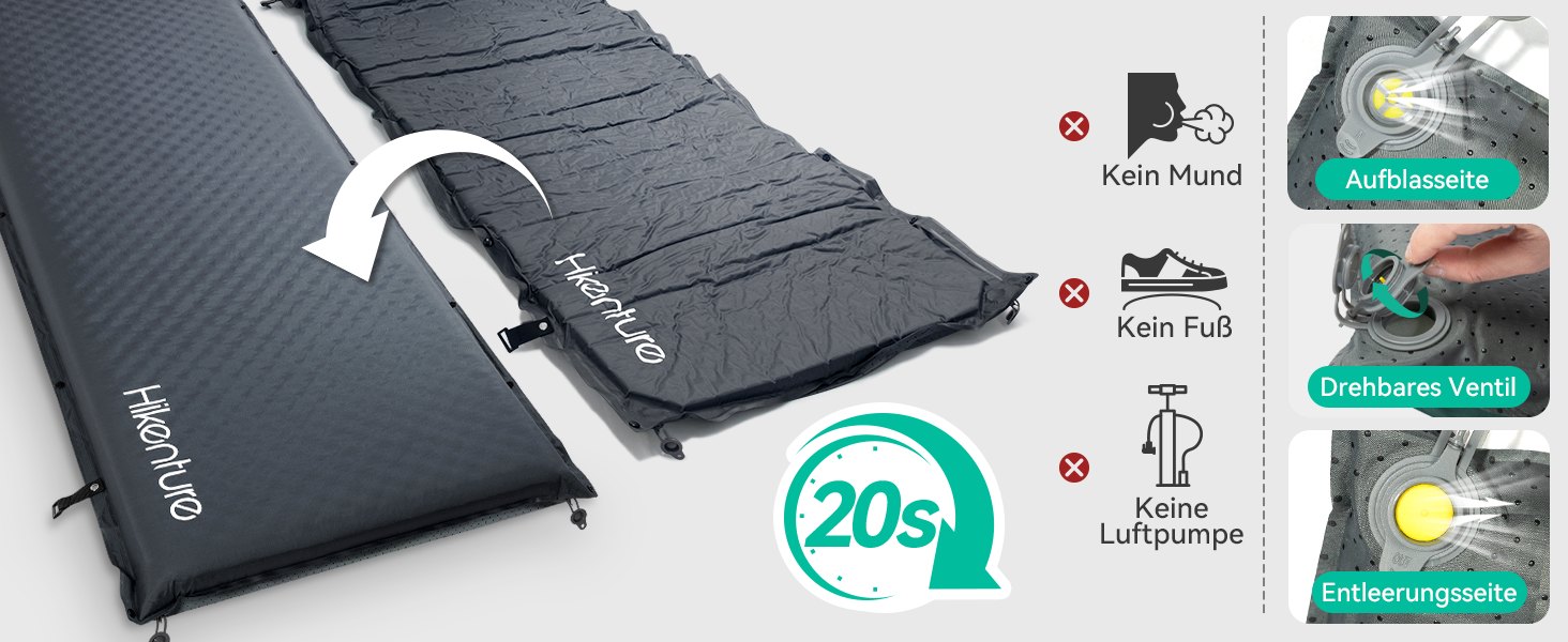 Каремат HIKENTURE самонадувний, 10 см товщини, для кемпінгу, туризму та подорожей, сірий