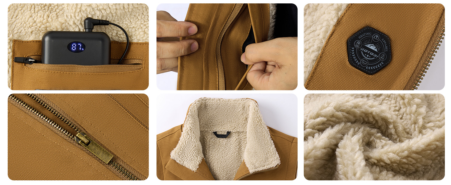 Електрична гріюча жилетка для чоловіків з Powerbank 16000mAh, 7,4V, 9 зон обігріву, канвас, фліс, регулювання температури, khaki XXL