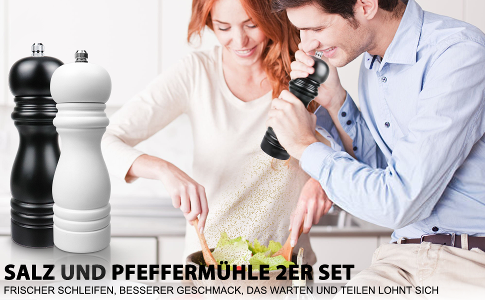 Набір з 2 мельниць для солі та перцю (соль, перець, чилі) - ручні, дерев'яні, з регулюванням помелу, класичний дизайн, чорний та білий