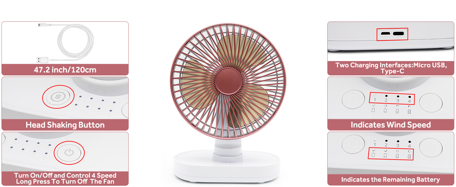 Портативний USB вентилятор на акумуляторі 4000mAh, 4 швидкості, осциляція, тихий, 16.5 см, рожеве золото