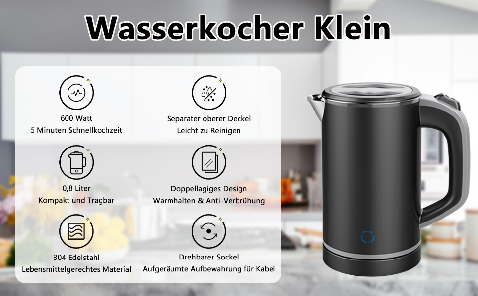 Електричний чайник MiliPow 0.8 л, 600W, для подорожей, з нержавіючої сталі, швидкий, з автовимкненням (чорний)