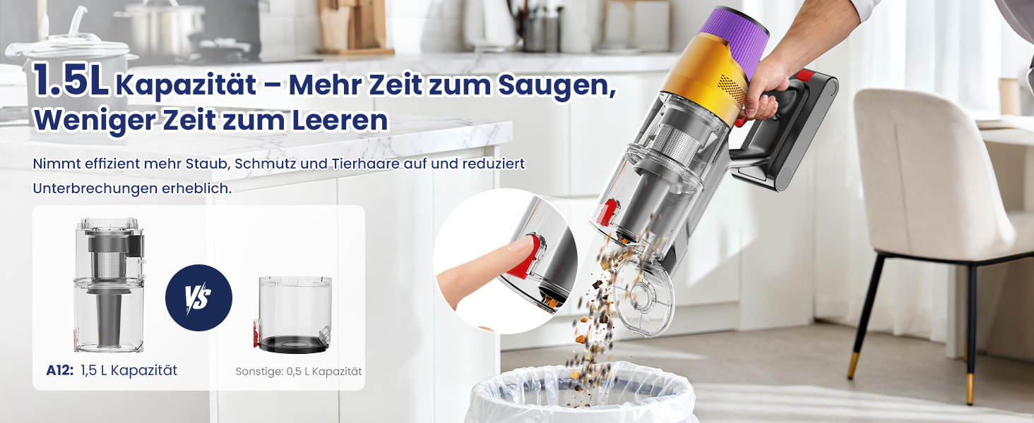 Бездротовий акумуляторний пилосос A12 з функцією миття підлоги, 8-в-1, 48Kpa, 550W, 70 хвилин, з сенсорним екраном, об'єм контейнера 1,5 л, док-станція для стін, підходить для килимів, авто, шерсті тварин, фіолетовий