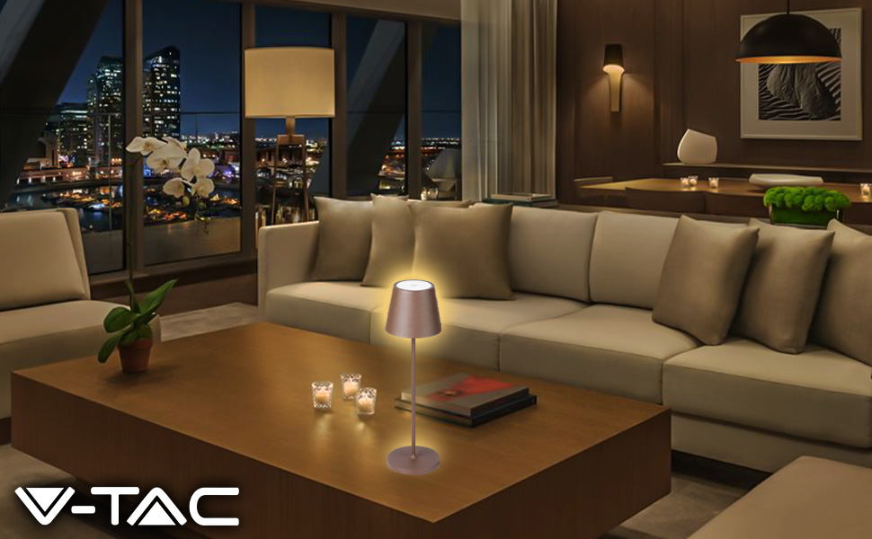LED-лампа настільна V-TAC з бездротовим живленням та сенсорним керуванням, акумулятор 4400mAh, тепле світло 3000K, IP54 для використання в приміщенні та на вулиці