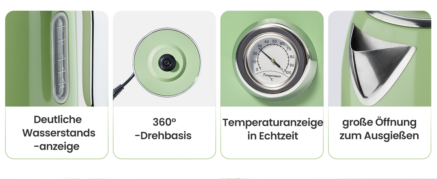 Набір чайник та тостер Retro Green, 1.7L, 2200W, нержавіюча сталь, з регулюванням температури