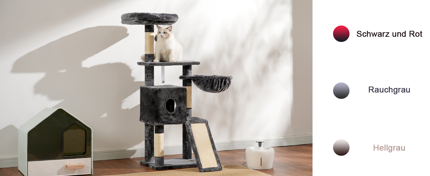 Котячий будиночок Hey-brother Kratzbaum 108 см, багатоярусний котячий комплекс з когтеточками, рампою, кошиком, будиночком та іграшкою-помпоном (димно-сірий), MPJ007SW