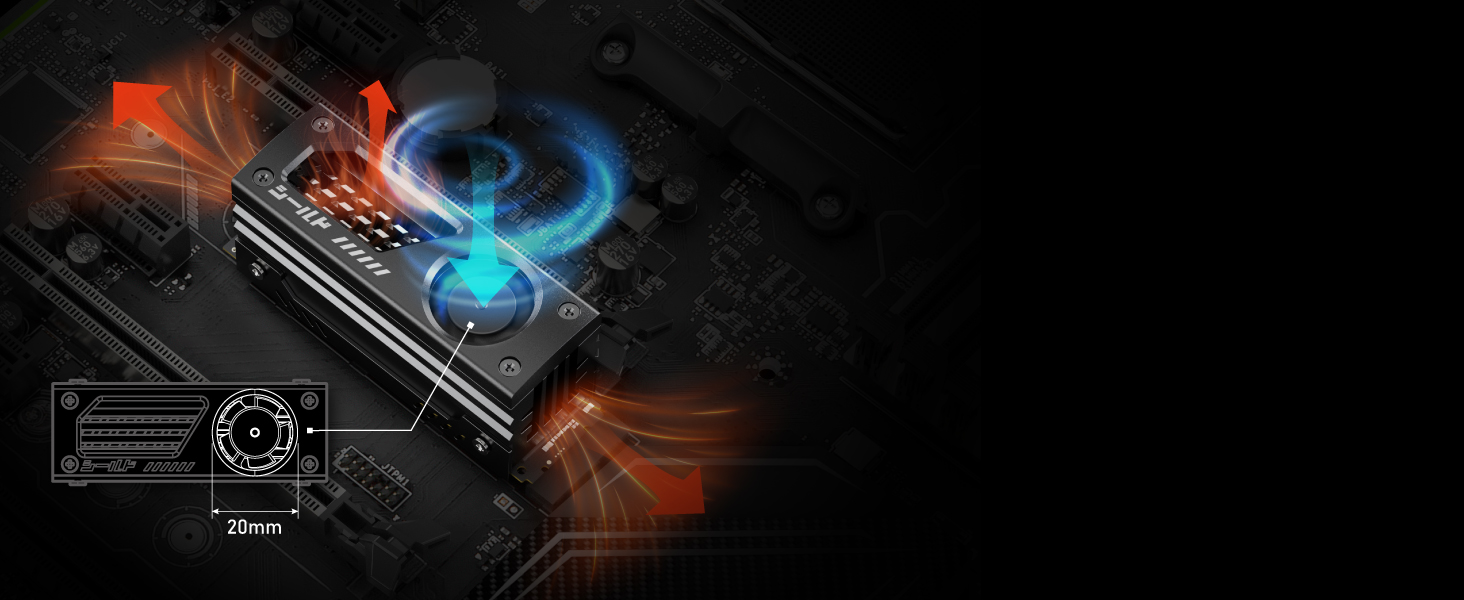 Радіатор охолодження M.2 SSD EZDIY-FAB з вбудованим 20mm PWM вентилятором, преміум-алюмінієвий дизайн, високопродуктивний кулер для M.2 2280 - Чорний - 1 шт.