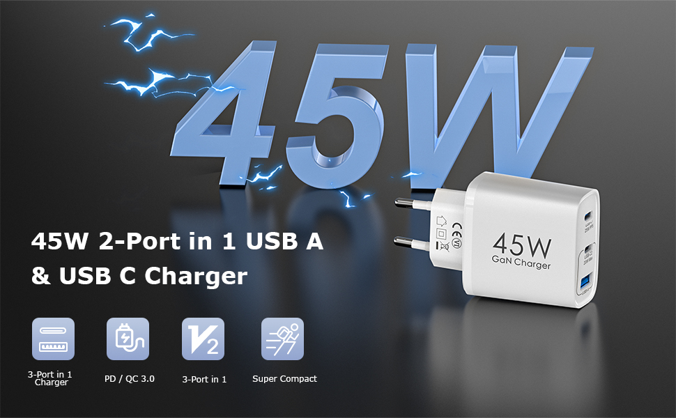 Подвійний зарядний пристрій USB-C 45W GAN для iPhone/Samsung Galaxy, 3 порти, швидка зарядка PPS (чорний)
