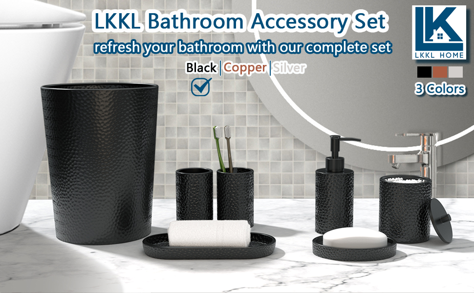 Набір аксесуарів для ванної кімнати LKKL 7-Piece Silver Set: сміттєвий бак, диспенсер для мила, мильниця, стакан для зубної щітки, підставка для зубних щіток, контейнер для ватних паличок, піднос. Сучасний набір для ванної кімнати.