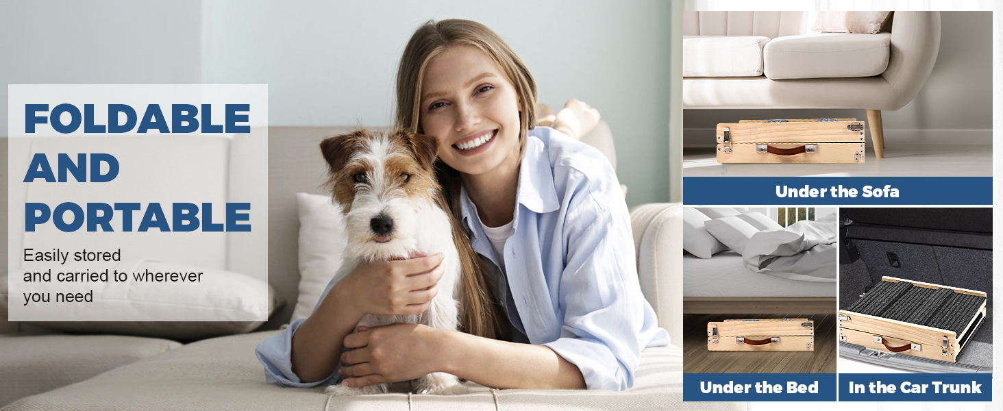 Складана дерев'яна пандус для собак – для ліжка, дивана, авто. Регульована висота 25-52 см, довжина 83 см, ширина 35 см, антиковзка поверхня