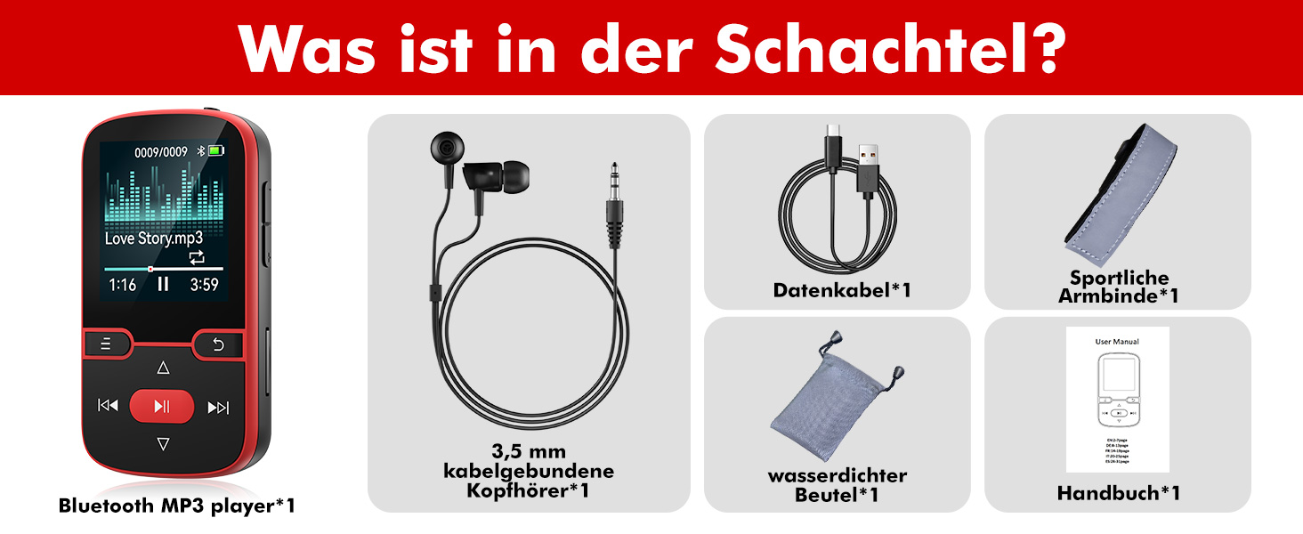 MP3 плеєр 64GB Bluetooth 5.3 з кліпсою, Hi-Fi, для спорту, з FM-радіо, диктофоном, крокоміром, підтримка картки до 128GB, червоний