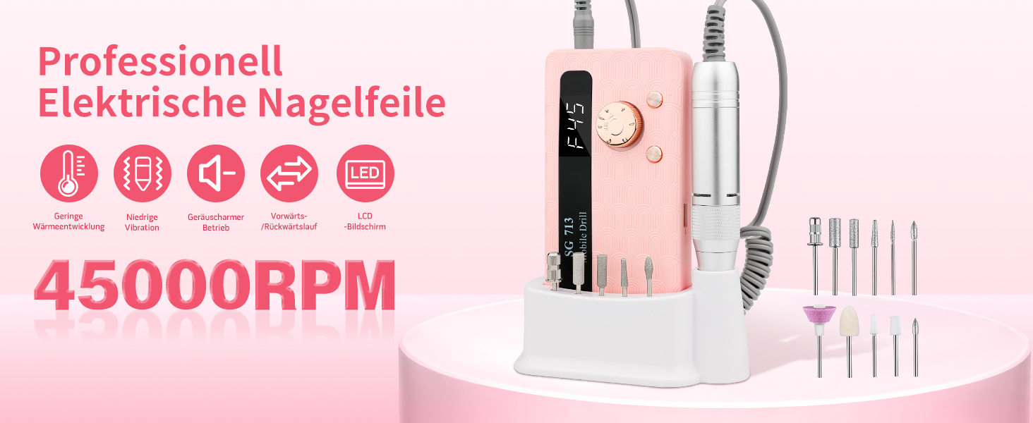 Електричний фрезер для нігтів Ziweo з LED дисплеєм, 45000 об/хв, для манікюру та педикюру, для гелю, акрилу, акригелю, Shellac