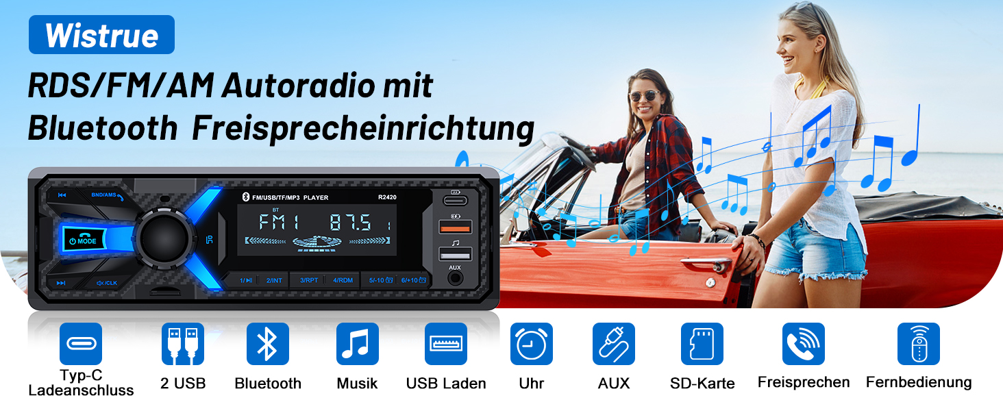 Автомагнітола Wistrue 1DIN з Bluetooth, FM/AM, USB/SD, AUX, MP3, Type-C, чорна