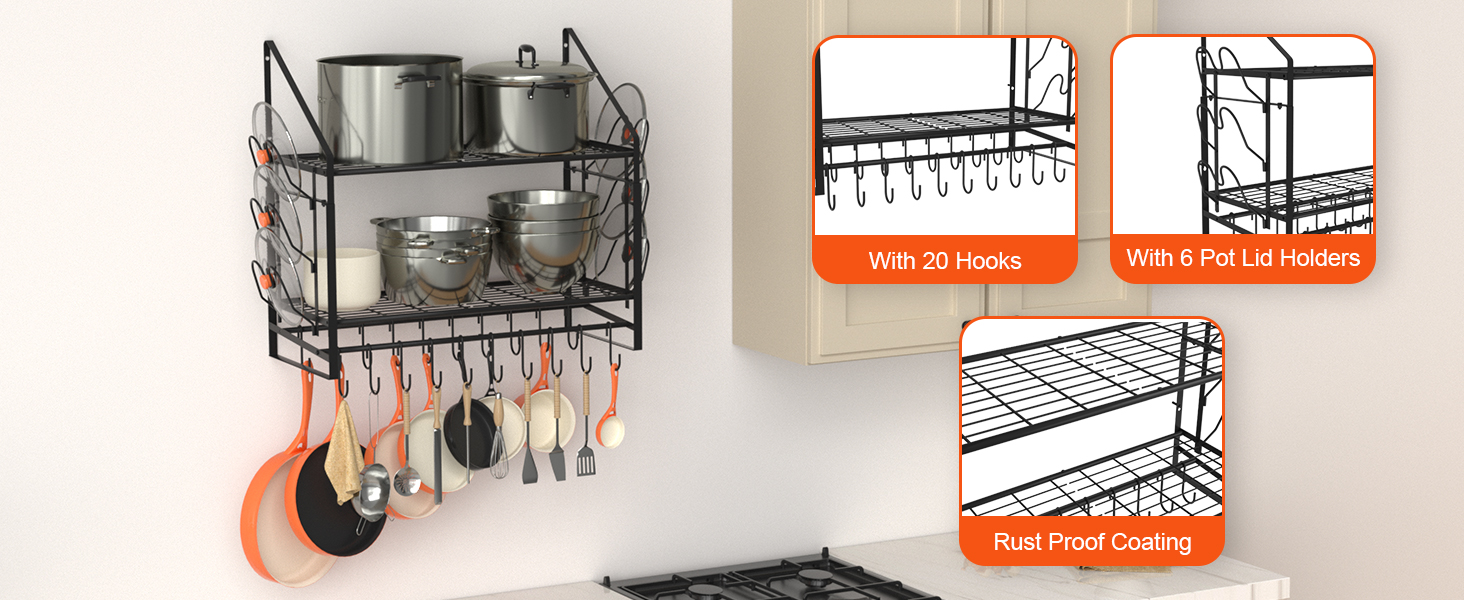 Hanging Pot Rack, 2 Tiers, Pots and Pans Organizer, Wall Mount, with 20 Hooks and 6 Lid Holders, Sturdy Steel Pot and Pan Hanger for Kitchen, Cookware, Utensils