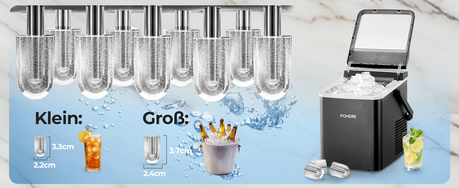 Машина для приготування льоду FOHERE з ручкою, 14 кг/24 год, 9 кубиків льоду за 5 хвилин, 2 розміри, самоочищення, портативна з лопаткою та кошиком – ідеальна для дому, кухні, офісу, кемпінгу, вечірки, RV
