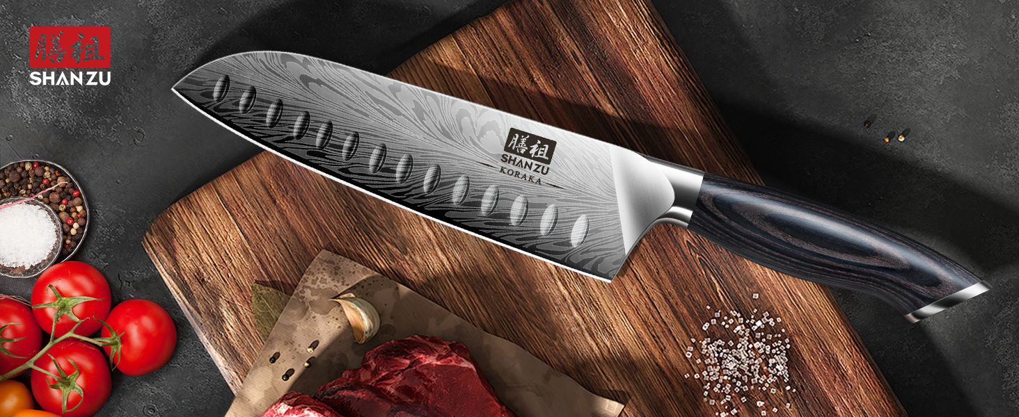 Японський ніж SHAN ZU Santoku 18 см з пудрованої сталі для професійної кухні, з ергономічною ручкою з паккавуда