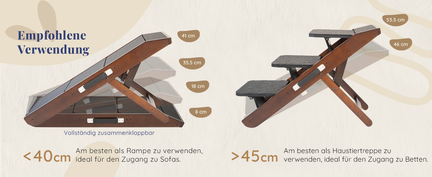 Сходинки для собак на ліжко та диван 2-в-1 - регульована рамка для собак, 18-50 см - для маленьких собак - легка переносна сходинка з платформою, натуральний колір (коричневий)