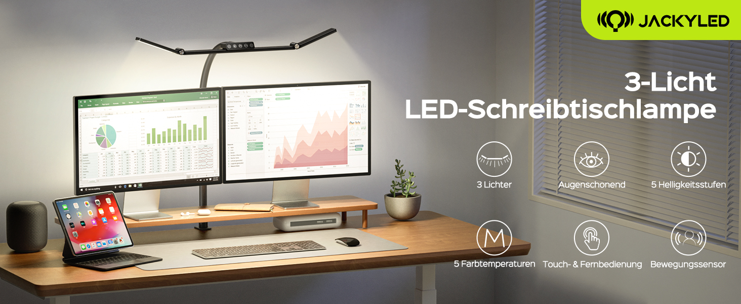 LED лампа настільна Jackyled з 3 регульованими головками, диммер, пульт, для монітора, офісу, майстерні, 5 рівнів яскравості та кольорових температур