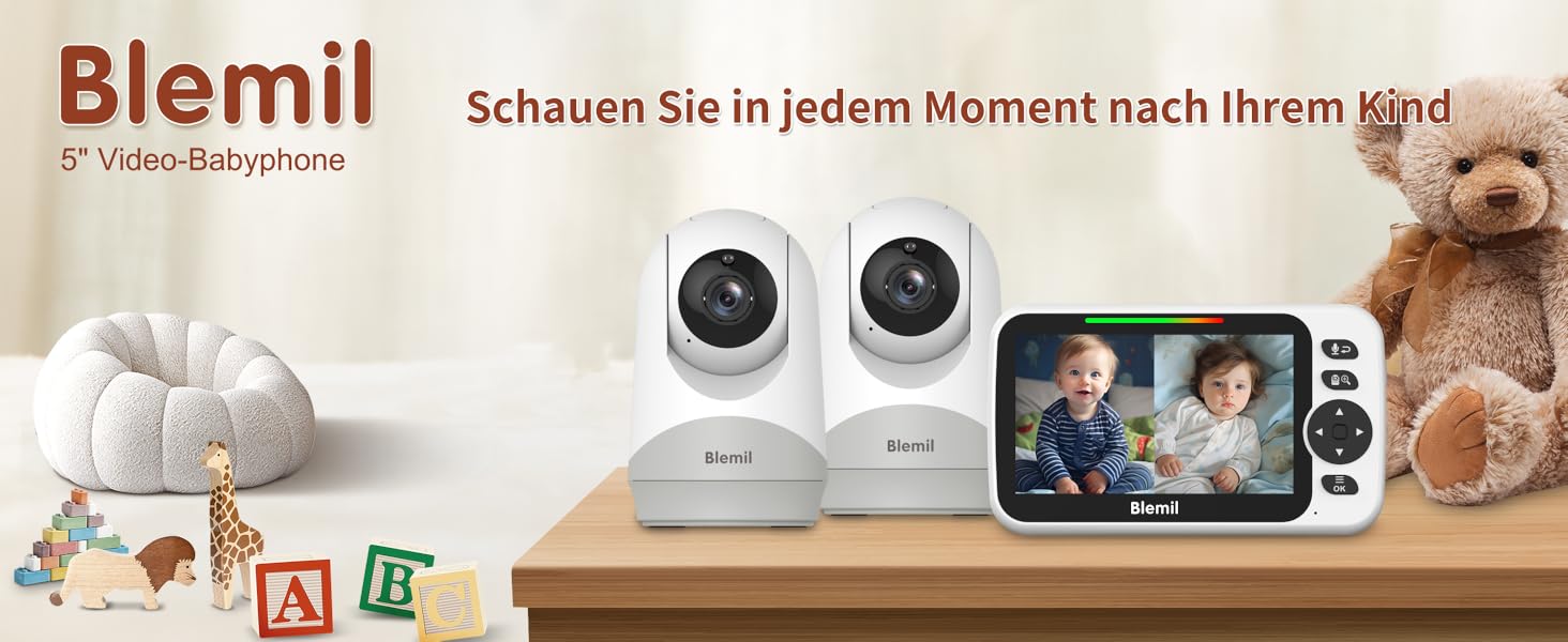 Дитячий відеомонітор з двома камерами, аудіо, акумулятор 30 годин, 5-дюймовий екран, віддалене керування (Pan/Tilt/Zoom), двосторонній зв'язок, датчик температури, нічне бачення