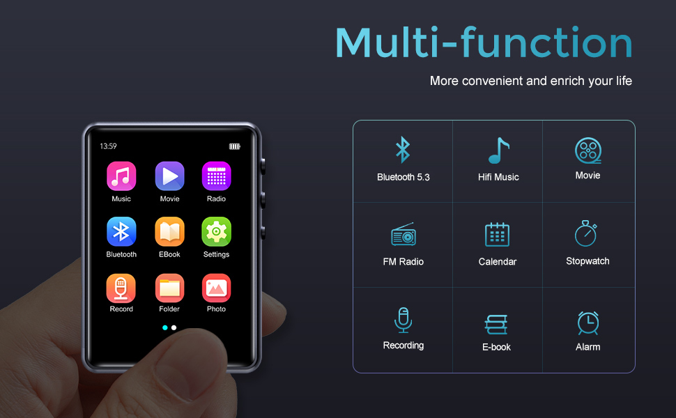MP3 плеєр 64GB Bluetooth 5.3 HiFi з металевим корпусом, радіо FM, диктофон, сенсорний екран 2.4