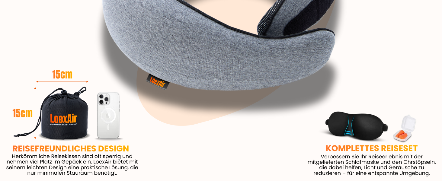 Подушка для шиї у літак, автомобіль: 100% бавовна та Memory Foam, легка та зручна, повний дорожній набір (маска для сну, беруші) - світло-сірий, класична модель