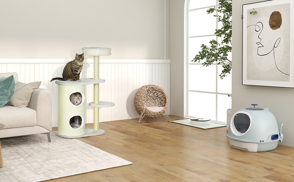 Кігтеточка PawHut для котів 100 см, багатоповерхова з м'яким лежанкою, іграшками, сизалевими стовпами, платформа для котів до 5 кг, кремово-білий котячий комплекс