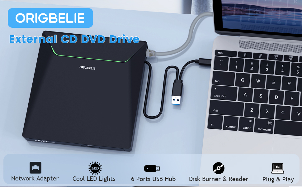 Зовнішній DVD-привід ORIGBELIE: CD-брунер з 4 USB та 2 TF/SD слотами, ультратонкий оптичний накопичувач для ноутбука, PC, Mac, Windows 11/10/8/7, Linux