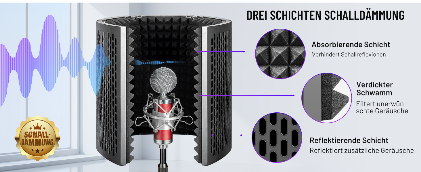 Акустичний ізоляційний екран для мікрофона CAHAYA, 5-панельний поглинач звуку та поп-фільтр, регульований на 180°, складаний захисний щит для студійного запису