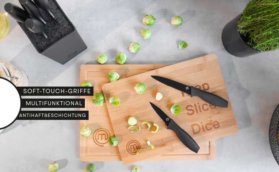MasterChef 5-Piece Knife Block Set - Stainless Steel Chef's, Santoku, Bread, Utility & Vegetable Knives with Soft-Touch Grips