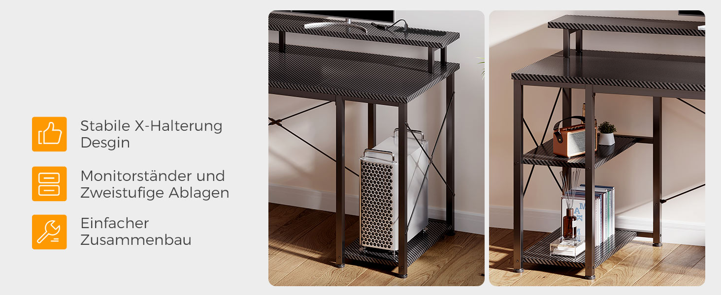 Ігровий стіл Coleshome з LED-підсвічуванням 120x50 см, з 2 розетками та 2 USB-портами, стіл для комп'ютера з підставкою для монітора та місцем для зберігання, для дому та офісу, чорний